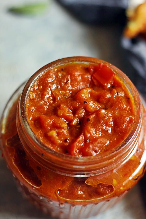 closeup shot of tomato thokku or thakkali thokku ready to eat