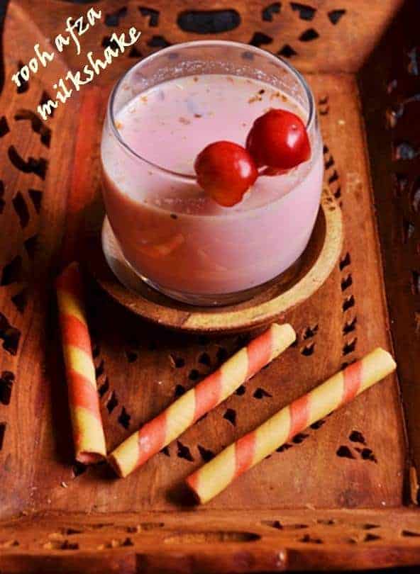 Rooh Afza Milkshake served in a wooden tray