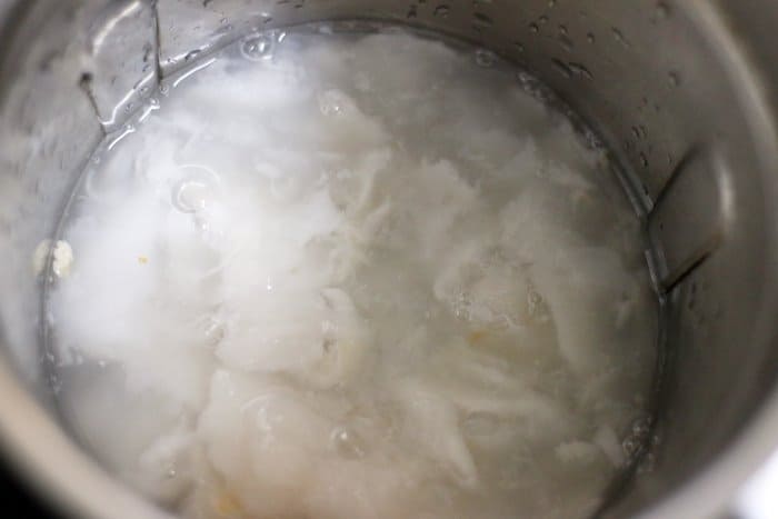 coconut meat, coconut milk, coconut water added in a blender jar for making tender coconut pudding 