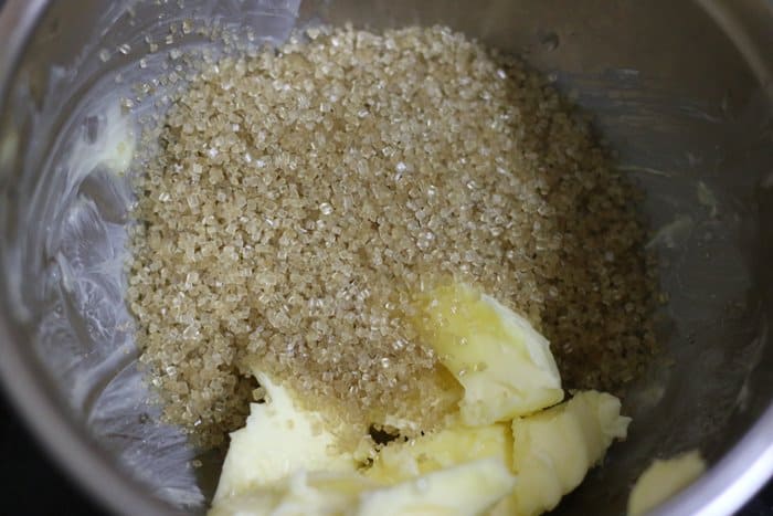 Sugar and butter measured out in a mixing bowl