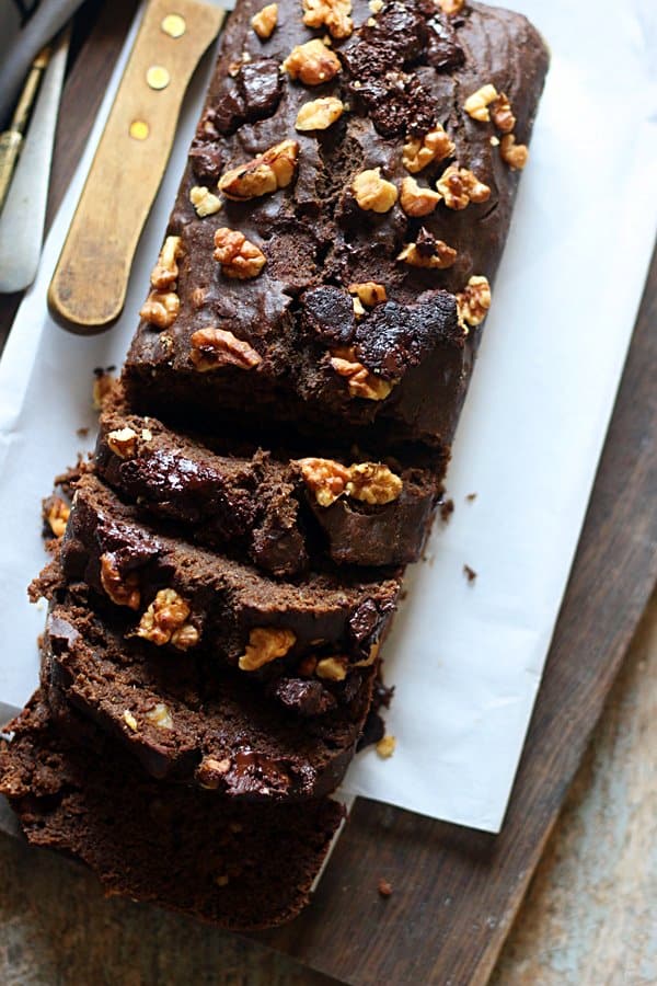 thick slices of banana chocolate cake ready to serve