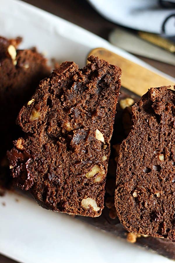 closeup shot of a slice of banana chocolate cake