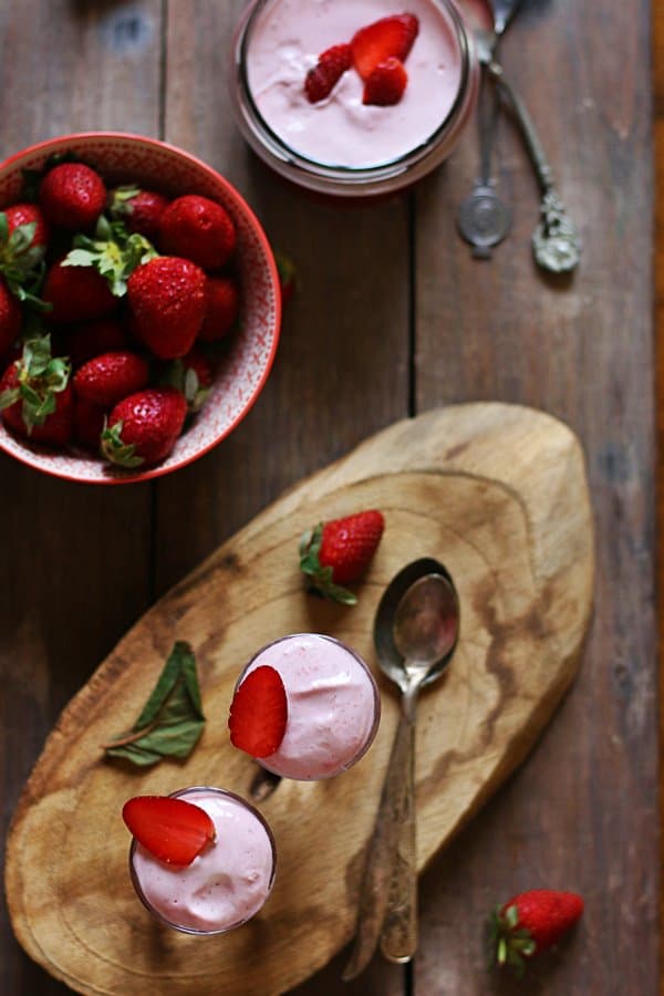 overhead shot of fresh and fluffy strawberry mousse 