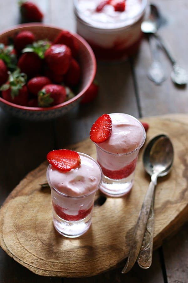 two servings fresh egg free strawberry mousse served in shot glass