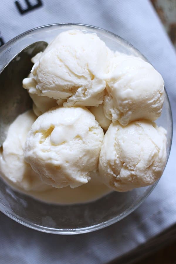 scoops of naturals style tender coconut ice cream served in a dessert bowl