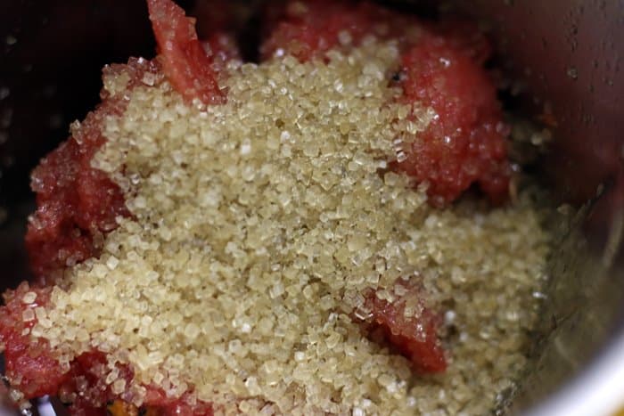 Chopped water melon and sugar in a blender jar