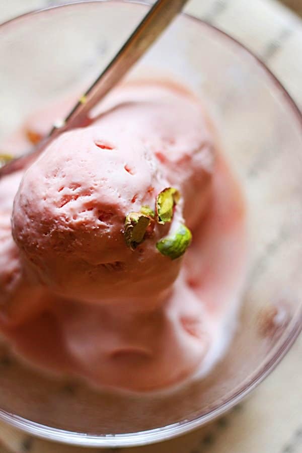 closeup shot of homemade no churn watermelon ice cream