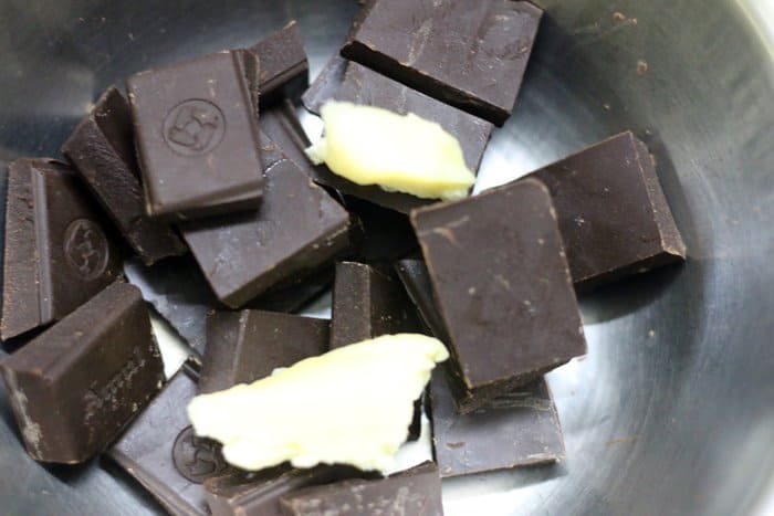 Butter added to chopped dark chocolate