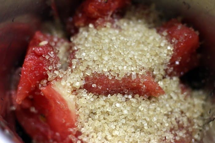 Chopped melon and sugar in a blender jar