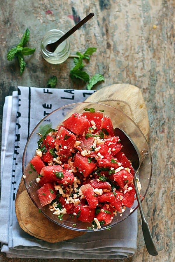 Overhead shot of feta watermelon salad