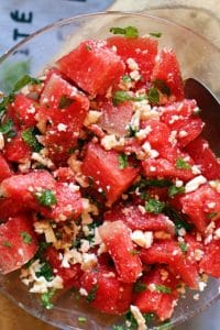 Closeup shot of fresh watermelon feta salad
