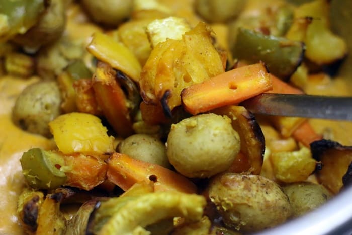 Grilled veggies added to tikka masala sauce