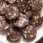 chocolate salami rolls served on a white plate