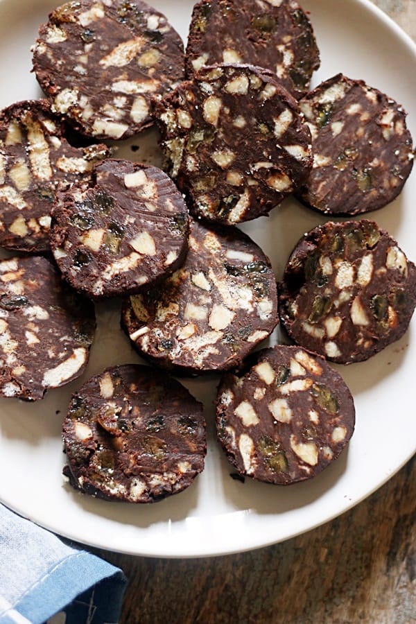 chocolate salami rolls served on a white plate