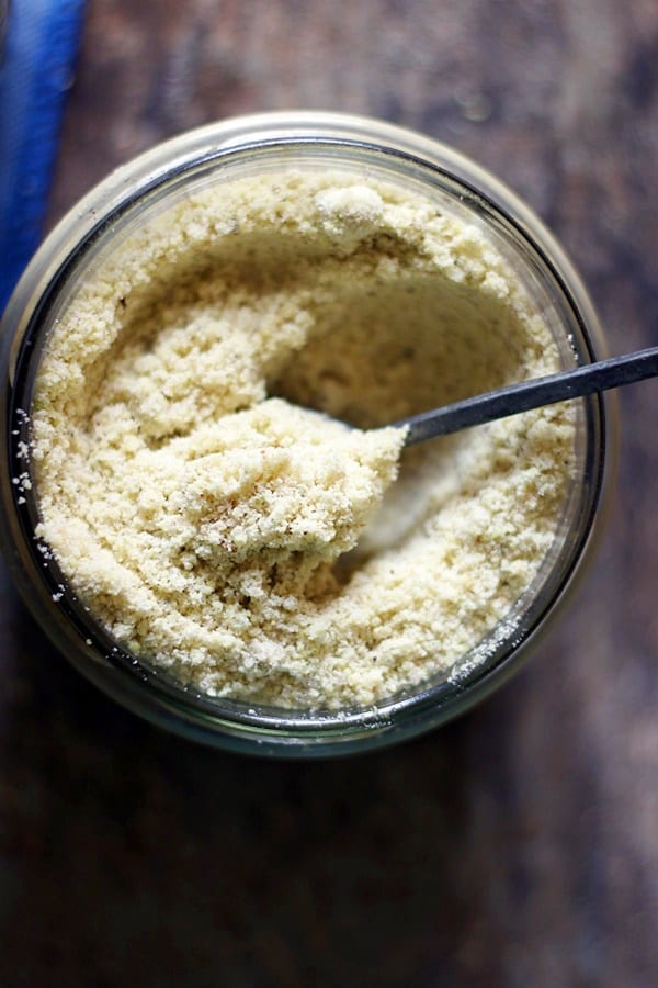 Closeup shot of homemade badam milk powder or almond powder
