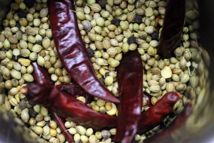 ingredients ready to grind for sambar powder