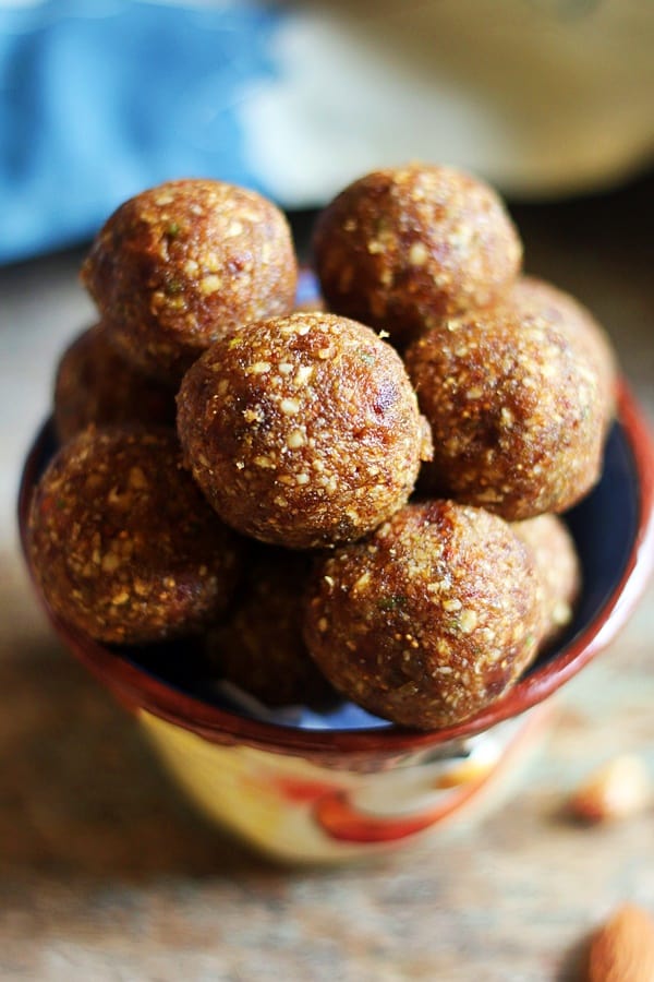 Stack of homemade dry fruits laddu in a bowl