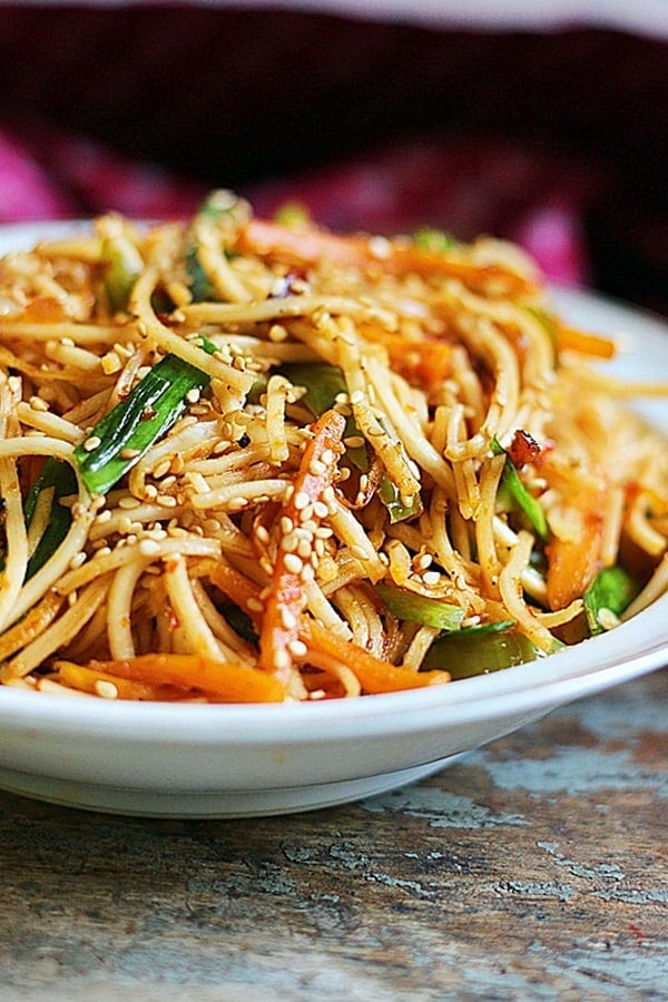 closeup shot of homemade schezwan noodles