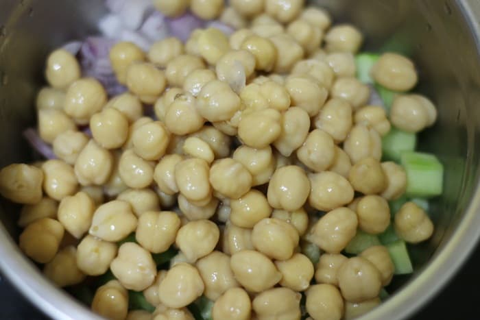 boiled chickpeas added to chopped vegetables