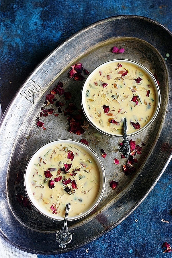 bowls of chilled basundi served in a metal plate