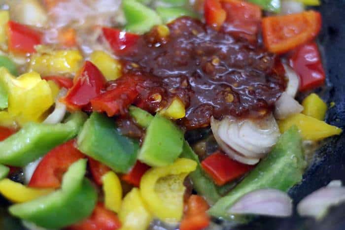soy sauce, hoisin sauce, vinegar added to cubed bell peppers