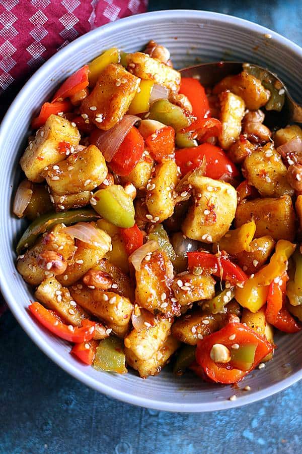 closeup shot of kung pao tofu