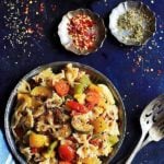 overhead shot of easy vegan pasta salad