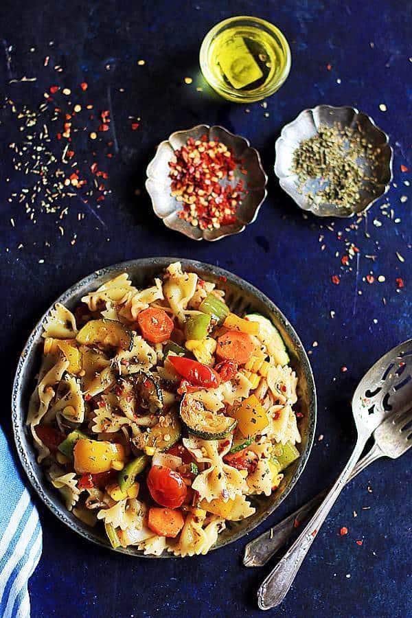 overhead shot of easy vegan pasta salad 