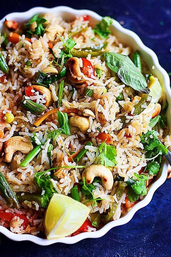 thai fried rice served in white ceramic dish