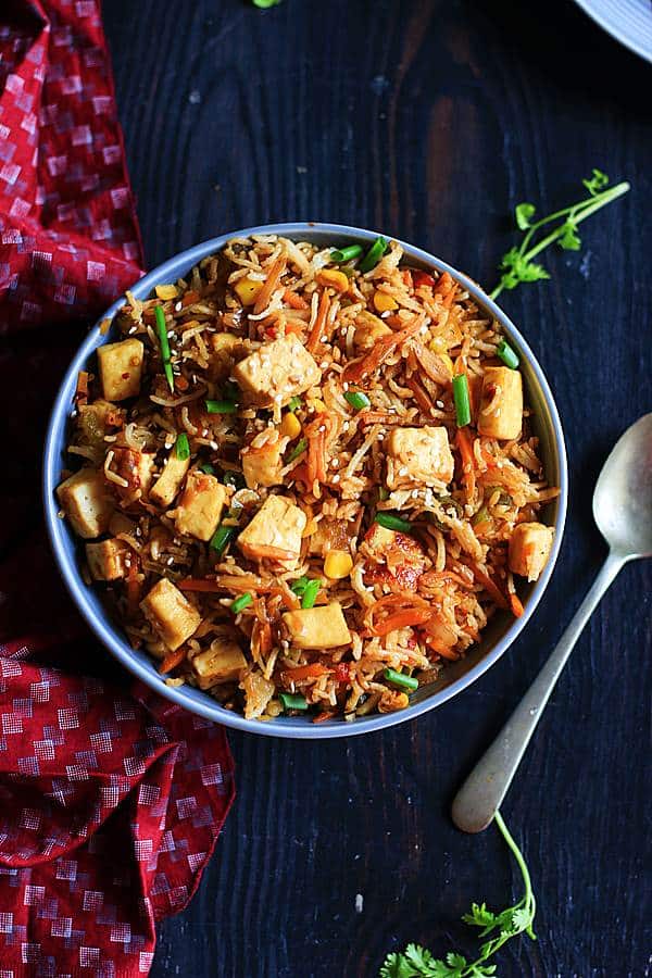 vegan fried rice with pan fried tofu