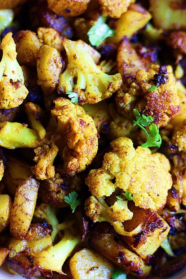 closeup shot of aloo gobi-potatoes and cauliflower curry