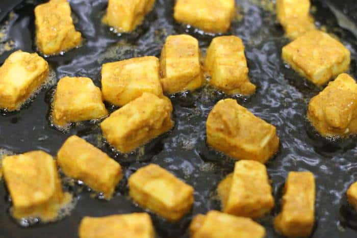 making tofu tikka on stovetop