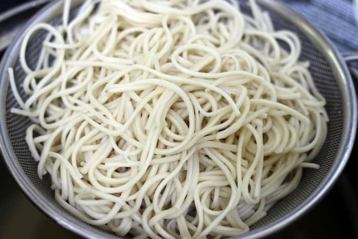 boiled noodles added to stir fry vegetables