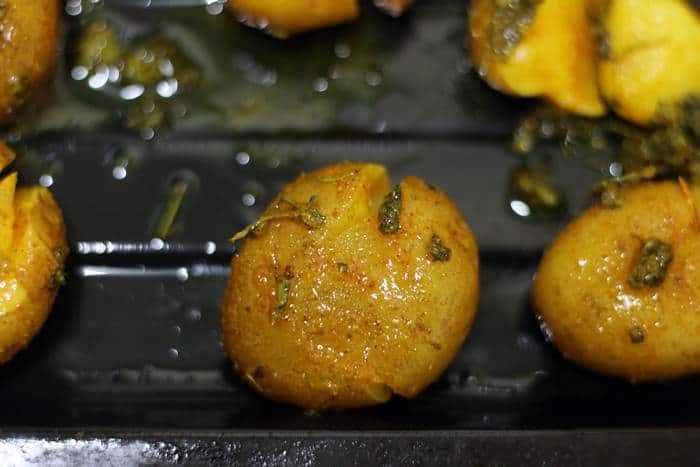 seasoned smashed potatoes ready to bake