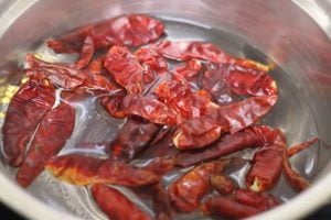 dried red chilies soaked in hot water for rehydrating