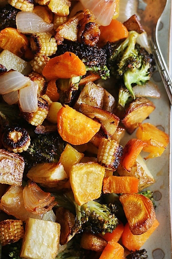 seasonal roasted winter vegetables served on a ceramic plate