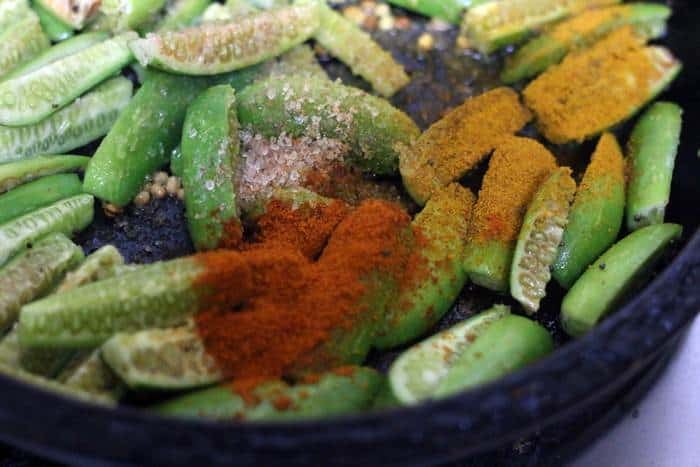 spice powders and salt added to chopped ivy gourd