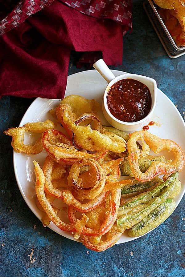 crispy tempura vegetables served with a spicy dipped sauce.