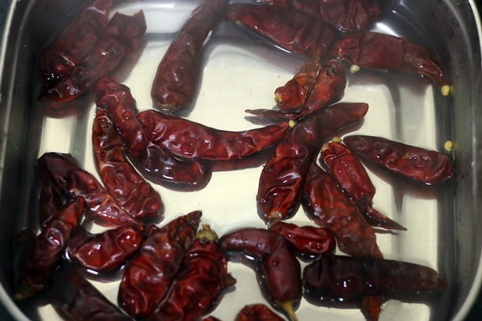 soaking dry red chilies in warm water