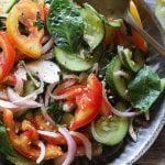 closeup shot of tomato basil salad