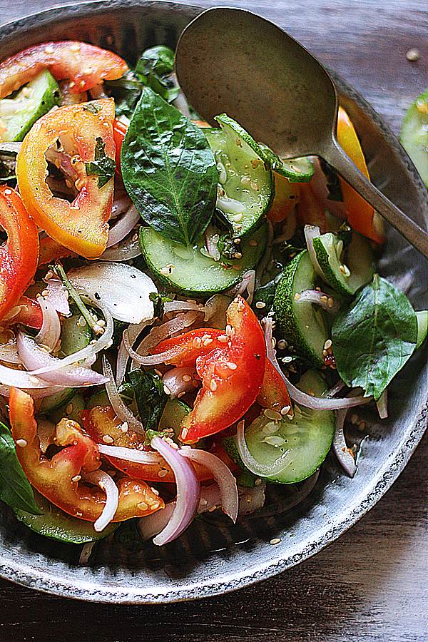 closeup shot of tomato basil salad