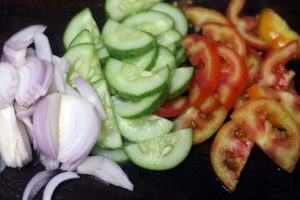 chopped tomatoes, onions and cucumbers