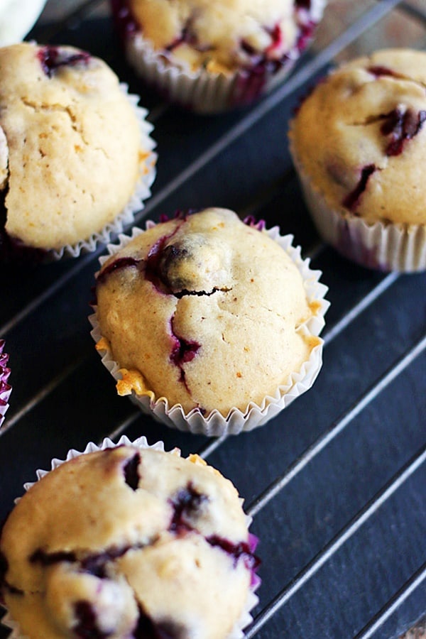 cooling blueberry muffins in wire rack
