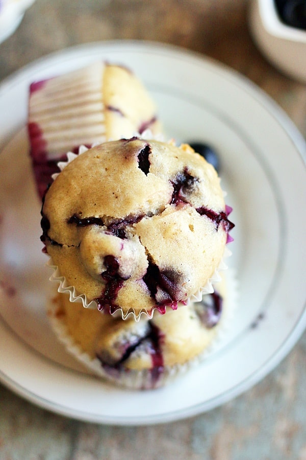 closeup of delicious, soft, fluffy vegan blueberry muffins