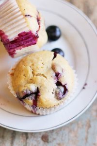 closeup shot of homemade vegan blueberry muffins