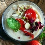 Homemade vanilla pudding served with fresh fruits