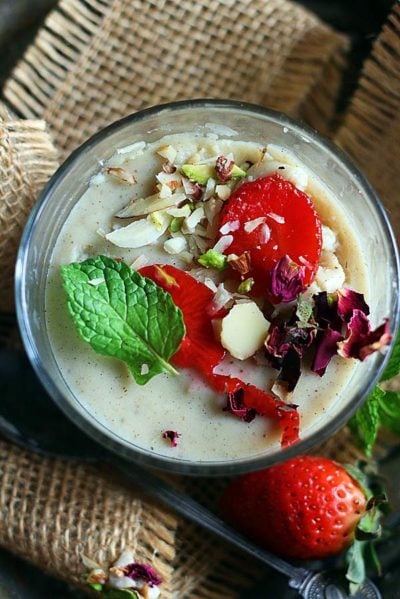 Homemade vanilla pudding served with fresh fruits