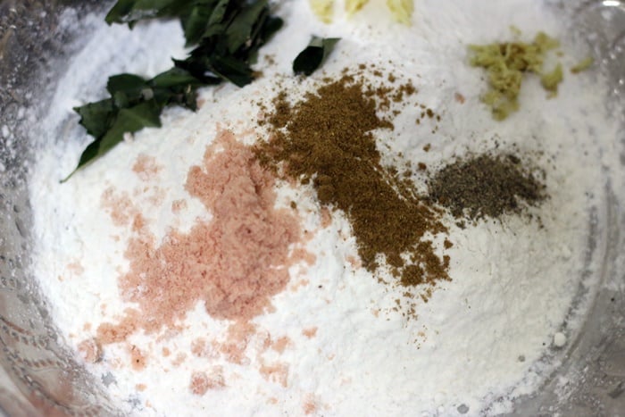 all purpose flour, salt, spice powders in a mixing bowl for gobi 65 batter
