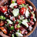 closeup of kidney bean salad in a wooden bowl